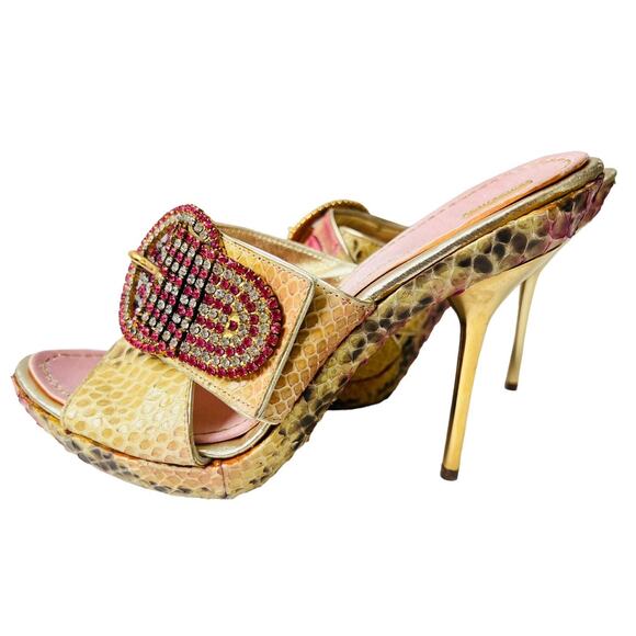 Massimo Dogana Snake Rhinestone Gold Heels Size 37 1/2 Upper Leather Soles - Picture 3 of 16